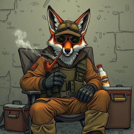 humanoid fox in brown camouflage clothing and body armor sitting in camp chair and smoking pipe, tactical baseball cap, lots of steam, aviator sunglasses, camping cooler with beer nearby, medium shot, full face, looking at camera, unrealistic, drawing, destroyed wall behind, normal size head, best quality, masterpiece, high detail