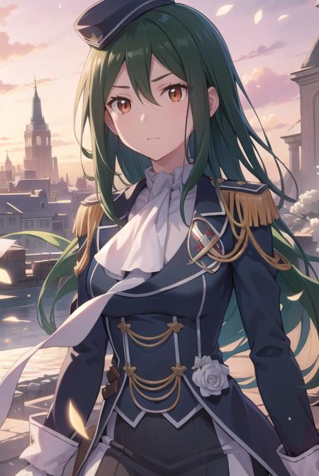 cruschkarsten, <lora:cruschkarsten-lora-nochekaiser:1>,
crusch karsten, long hair, hair between eyes, green hair, (brown eyes:1.4),
BREAK gloves, long sleeves, hat, jacket, boots, frills, white gloves, black footwear, uniform, military, ascot, military uniform, armband, epaulettes, white ascot,
BREAK looking at viewer, full body,
BREAK outdoors,
BREAK <lyco:GoodHands-beta2:1>, (masterpiece:1.2), best quality, high resolution, unity 8k wallpaper, (illustration:0.8), (beautiful detailed eyes:1.6), extremely detailed face, perfect lighting, extremely detailed CG, (perfect hands, perfect anatomy),