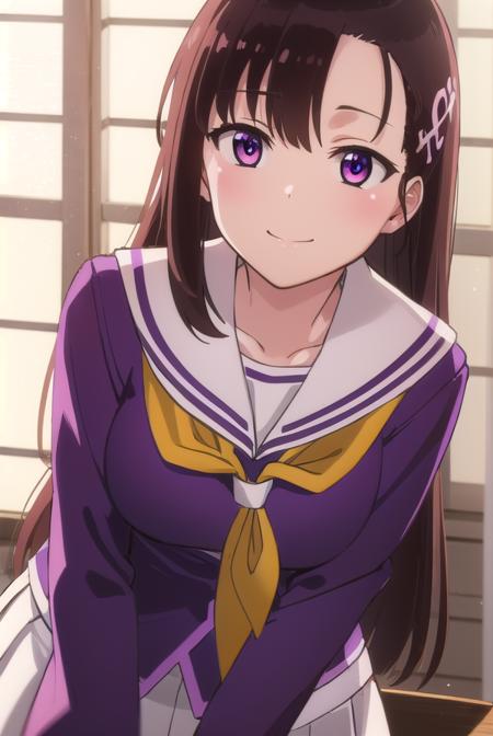 hitomihino, <lora:hitomi hino s1-lora-nochekaiser:1>,
hitomi hino, long hair, black hair, hair ornament, (purple eyes:1.1), smile,
BREAK skirt, school uniform, pleated skirt, serafuku, white skirt, shirt, purple shirt, sailor collar, white sailor collar, long sleeves, neckerchief, yellow neckerchief,
BREAK indoors, classroom,
BREAK looking at viewer, (cowboy shot:1.5),
BREAK <lyco:GoodHands-beta2:1>, (masterpiece:1.2), best quality, high resolution, unity 8k wallpaper, (illustration:0.8), (beautiful detailed eyes:1.6), extremely detailed face, perfect lighting, extremely detailed CG, (perfect hands, perfect anatomy),