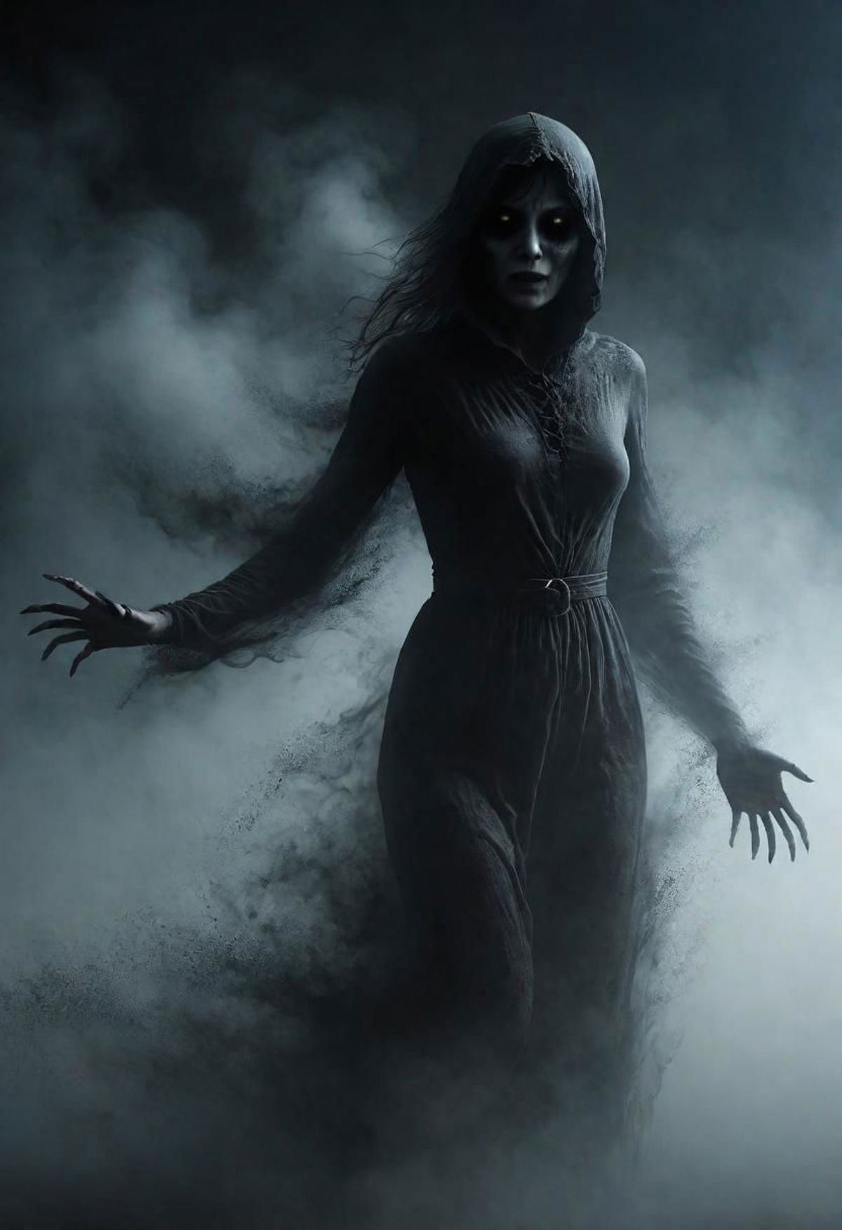 A woman dressed in a long black dress with a hood on her head, standing in a dark, foggy environment.