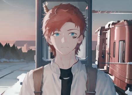 (best quality),(masterpiece), (extremely detailed 8K wallpaper),ultra-detailed,cinematic lighting, detailed light, best shadow, dyanamic angle, train station, wind, snow, beautiful snow,  train, signal light, 1boy, leonard dung, red hair, aqua eyes, earring, single horn, strip mark on face, shone, white shirt,, detailed face, detailed reflctive eyes, beautiful eyes, extremely deatiled face,reflective hair,