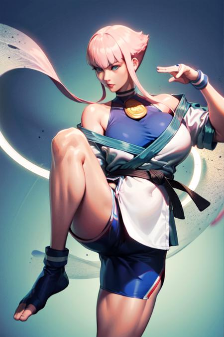 (masterpiece, best quality:1.2) 1girl, solo, manon, sf6, pink hair, short hair with long locks, bangs, blue eyes, lips, large breasts, halterneck, dougi, hip vent, off shoulder, martial arts belt, shorts, (dynamic angle, fighting stance, leg up:1.1), <lora:MANON-15:0.8>