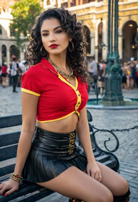 steampunk girl, passion, lustful bitch, (masterpiece, best quality, highres:1.2), (photorealistic:1.2), (intricate and beautiful:1.4), (detailed cool light:1.2), (soft lighting, side lighting, reflected light), (dynamic angle), (different views,)  close up shot, curvy black haired girl sitting on bench near fountain on market square, curly hair,  sexy pose, wearing red and yellow  shirt with a spanish flag printed on it, black miniskirt, yellow shoes  thin waist, earrings, necklace detailed eyes, detailed face, (red and yellow  lips), look at viewer, light passing through hair, (blurry background:1.3),(official art), (perfect skin), (sharp:1.5)