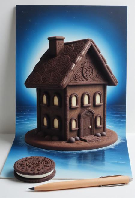glowing light, sea, house made of creamy cookies, (masterpiece:2.0), high quality, ink sketch style, high detailed, watercolor. blue aura, zero gravity,