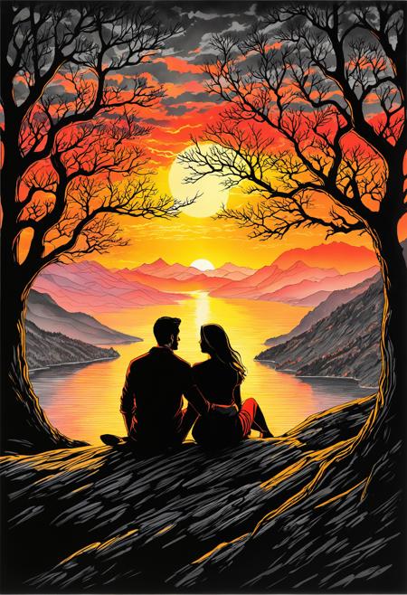 rating_safe, breathtaking detailed, masterpiece, absurdres, awe-inspiring, best quality, vibrant colors, 1boy, 1girl, painting, sketch, graphite pencil lines, pencil shading, silhouetted couple sitting close together at a lakeside cliff, BREAK, [dramatic dark sunset with layered paper-cut sky in glowing red], [[orange and gold]], ((graphite black tree branches and foliage framing the scene in shadow)), (cut-out mountain ridges) in deep contrast, luminous water reflecting the fire-like sky, [color-layering] visible in clouds and horizon, soft gradient glow, [pencil] line accents along terrain and tree texture, dreamy, graphic composition with strong romantic atmosphere,    <lora:sdxl_ta86artstyle_pen_realism.safetensors:0.9:0.9>