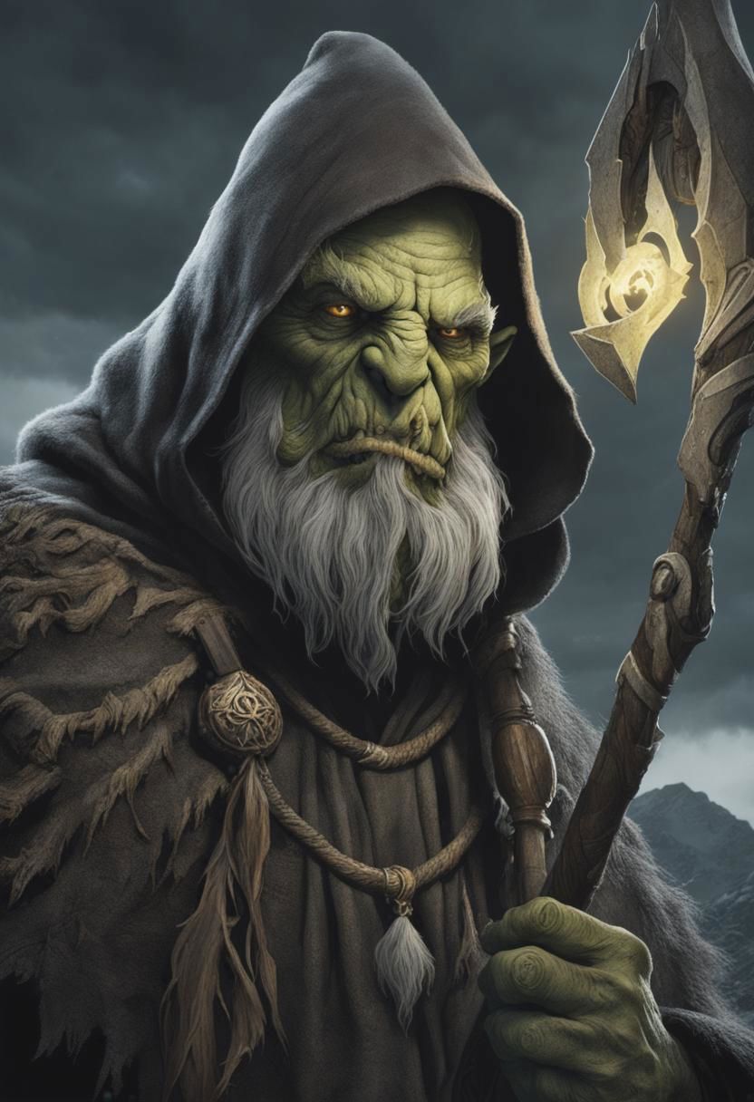 very old orc, long messy white beard, cloak, hood, holding warlock staff, fulll body,  cliff, dark sky, horror staff  ... ...