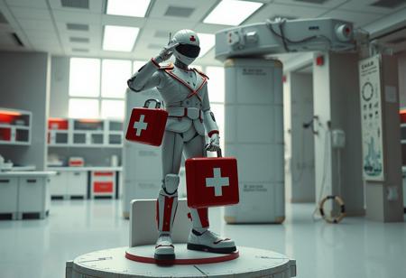 Create a photorealistic image of a robot standing on a Stonehenge Methods structure in a 1970s science lab. Incorporate the great wave and white and red color scheme prominent in the image. The robot should be holding a first aid kit and be dressed in attire reminiscent of a conductor, with a pose of saluting. Use pixelperfect and kit bash techniques, with attention to correct proportions and a focus on healing and academia style. The image should evoke a sense of artistic, top quality tfwiki.net photography.