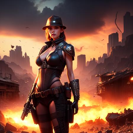 an attractive woman [gunslinger:bounty hunter:0.4] standing in a apocalyptic wilderness (boxedfutures style:1) <lora:djzBoxedFutures_LB2:0.8>