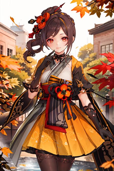 chiori \(genshin impact\) elbow gloves, hair ornament, short kimono, print pantyhose, platform footwear, sash, wide sleeves, ribbon choker
