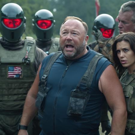 <lora:Alex Jones SDXL - Trigger is Alexjones Person:1> movie still of alexjones person wearing a tight velvet russian flag jumpsuit, low wide angle shot with cyborg alien women yelling at him, Witching hour, spooky, color film still from Leviathan. screaming at the camera , by Kent Monkman. Helping poor people (((crying))) ((tears))