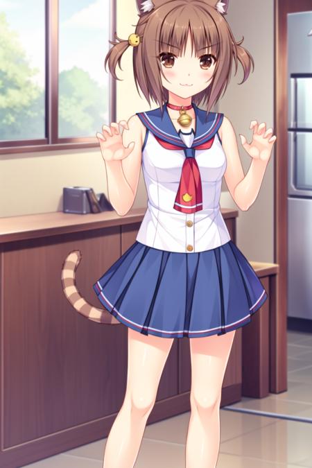 <lora:GoodHands-beta2:1> nice hands, perfect hands
nekoazuki
1girl, solo, tail, bell, animal ears, brown hair, brown eyes, skirt, two side up, neck bell, looking at viewer, jingle bell, cat ears, :3, sleeveless, cat tail, school uniform, short hair, smile, hair ornament, collar, cat hair ornament, serafuku, pleated skirt, blush, sleeveless shirt, bangs, indoors, sailor collar, blue skirt, cowboy shot, standing