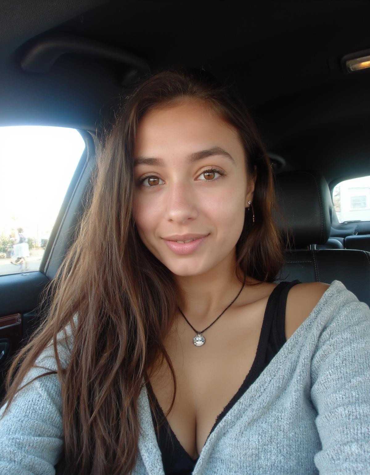 arafed woman with long hair sitting in a car, pale-skinned persian girl, with cute - fine - face, without makeup, selfie of a young woman, instagram selfie, charli bowater, 19-year-old girl, brown eyes and white skin, with long hair and piercing eyes, the image is indistinguishable from a real real photo, <lora:amateurphoto:1>