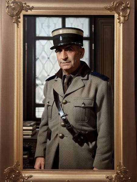 DeFunes768 , portrait, dressed as a french gendarme in a beige uniform, photography, trending on artstation, sharp focus, studio photo, intricate details, highly detailed, by greg rutkowski  <lora:DeFunes768:0.8>