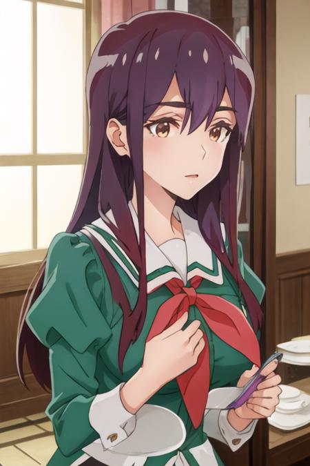 best quality, masterpiece, highres, solo, {yano_mitsuki_watashinoyuriwaoshigotodesu:1.15}, long_hair, purple_hair, brown_eyes, hair_between_eyes