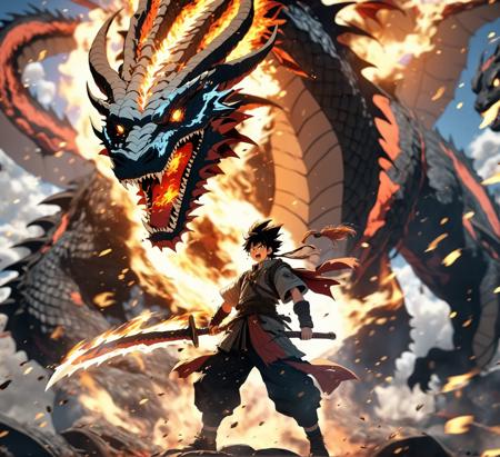 anime boy fighting a gigantic dragon, fire breath, lighting, best quality, 8k