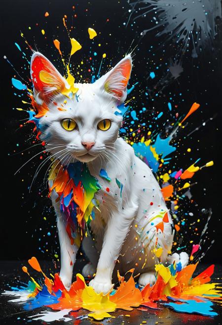 In this artwork, a shattered mirror displays an explosion of colorful paints and abstract artistic elements, such as splashes, drips, and smudges, resulting in a lively, disordered scene against a dark background. The broken mirror's fragments refract and distort light, intensifying the dynamic perspective of the image. At the composition's core, a pristine white canvas, shaped like a cat, remains untouched, embodying clarity within the chaos. Merging neon impressionism and abstract art, this visually captivating and emotionally evocative piece challenges perception and reality.