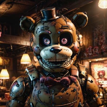 (masterpiece:1.4),close up shot, five nights at freddy's, ultra detailed,animatronic, exposed wiring,robots, gloving eyes, pizzaria at background,broken, (horror:1.2), fantasy concept art, 8k resolution trending on Artstation Unreal Engine 5, detailed background,Cinematic Lighting,cg trending art, <lora:xl_more_art-full_v1:1.2>  <lora:JuggerCineXL2:0.8> Movie Still, Film Still, Cinematic, Cinematic Shot, Cinematic Lighting
