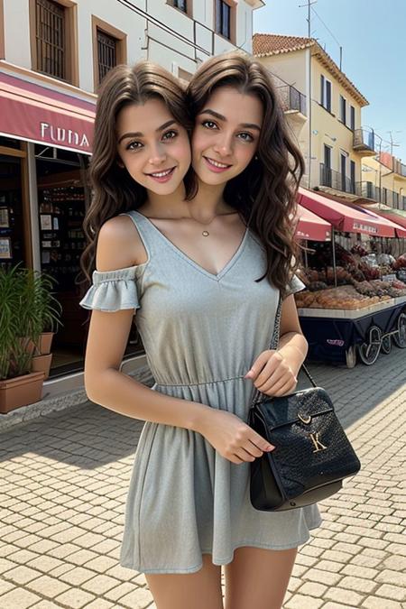 Realistic photo of a beautiful 4nn4k-v1 woman, 2girls, two headed, conjoined, conjoined dicephalus, wearing a v-neck summer-dress. wearing a shoulder bag. tourist, solo, long hair, wavy hair, dark brown hair, caucasian, cute smile, realistic, standing in a European city, on a greek island. fishing boats in the background. daytime, Photorealistic, detailed, RAW, analog, sharp focus, 8k, HD, DSLR, high quality, Fujifilm XT3,  award winning, masterpiece<lora:4nn4k-v1:1.0> <lora:4nn4k-v1:1.0><lora:4nn4k-v1:1.0>