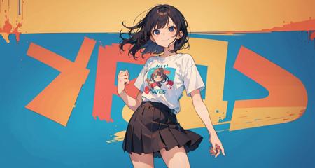 masterpiece,best quality,1girl, t-shirt, skirt, smile, cowboy shot,