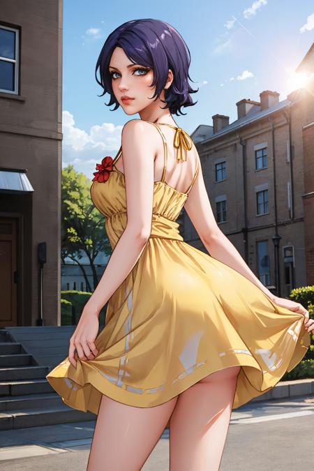 (masterpiece, best quality:1.2),  <lora:athenabl:.9>, athenabl, 1girl, solo, , (yellow sundress:1.4), looking at viewer, looking back, outdoors, lens flare,