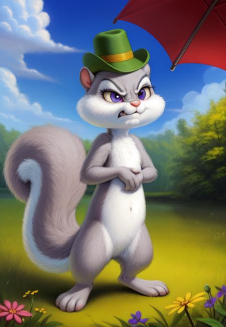 SlappySquirrelCartoon, Squirrel, green hat with flower, purple eyelids, gray fur,
