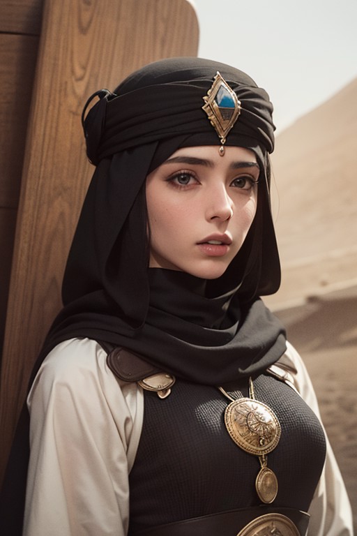 1girl, solo, photography, portrait of arabarmor girl with group of army in dune, shield, sword, realistic, absurdes, detai...