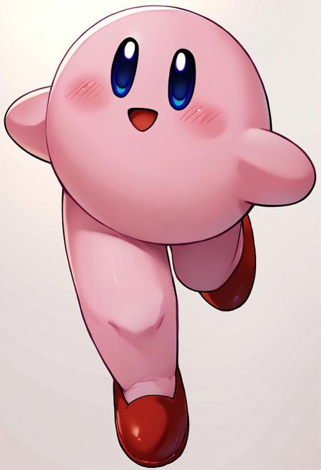 LongKirby, dark blue eyes, pink body, blush, red shoes