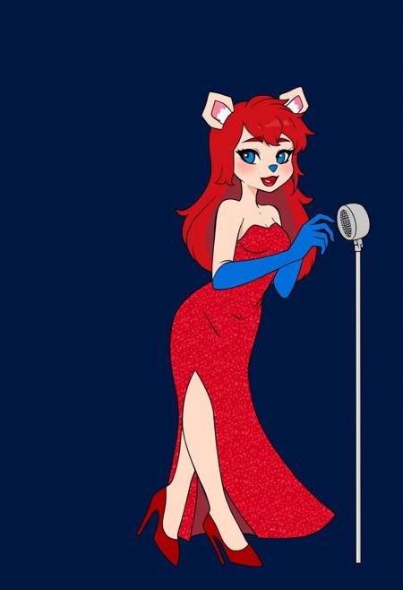 red hair, long hair, red heels, long blue opera gloves, microphone on the side, red sparkly dress, long dress, no sleeves, sleeveless, bear ears, red lipstick, blue nose, medium breasts, dark blue background