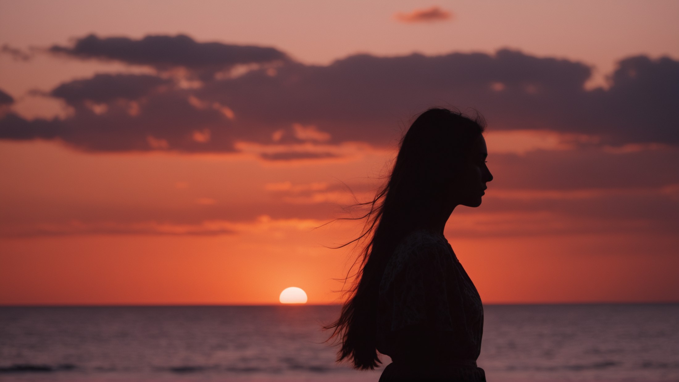 cinematic film still of  <lora:silhouette style:1>
A silhouette photo of a woman standing in front of a red sunset,1girl,s...