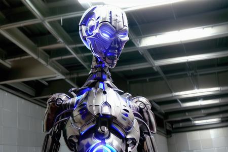 txendo,blueglow, a t-x endoskeleton in a parking garage, upper body, profile, intricate, highly detailed, realistic