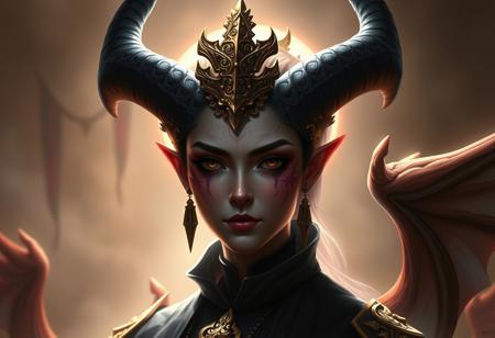 Create a digital painting of a woman, the ornate supreme demon overlord, with a soft lighting gradient and immaculate shading. The dark colour scheme should feature the empress’ swirling gardens. Replace her ears with black horns. Draw inspiration from the styles of Luke Pearson, Stanley Artgerm Lau, and Lois van Baarle. The artwork should have a sense of global illumination and radiant light, with detailed and intricate environments and micro details. No text should be included, and the composition should be reminiscent of high-fantasy artwork trending on ArtStation.