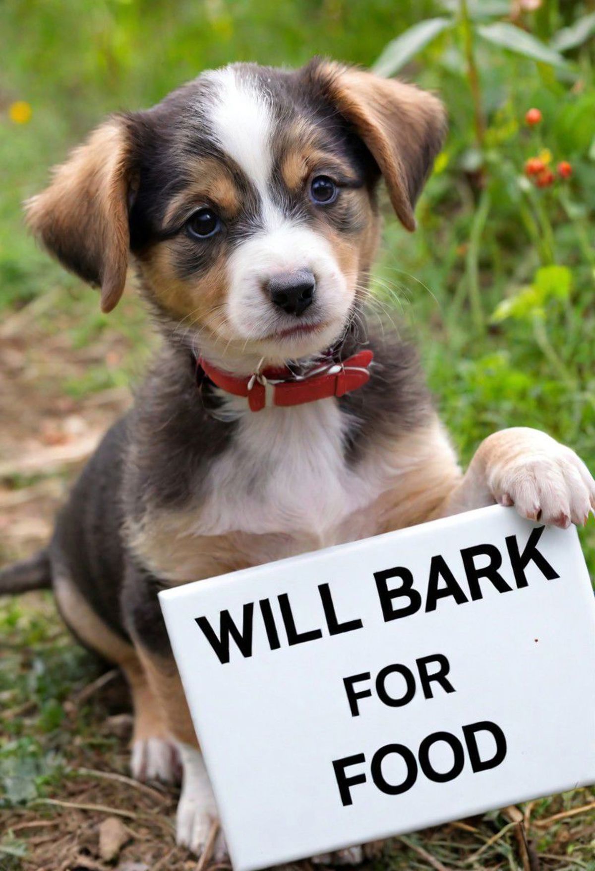 Cute Puppy Holding a Sign that Says "Will Bark for Food"