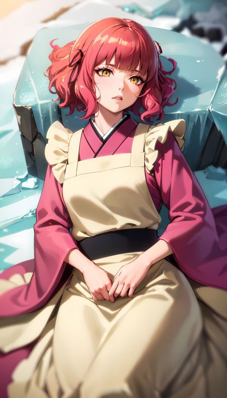 short hair pink hair yellow eyes ribbon in hair pink kimono apron