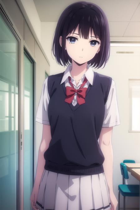 hanabiyasuraoka, <lora:hanabi yasuraoka s1-lora-nochekaiser:1>,
hanabi yasuraoka, short hair, black hair, (black eyes:1.5),
BREAK skirt, bow, school uniform, shoes, socks, bowtie, kneehighs, sweater vest,
BREAK indoors, classroom,
BREAK looking at viewer, (cowboy shot:1.5),
BREAK <lyco:GoodHands-beta2:1>, (masterpiece:1.2), best quality, high resolution, unity 8k wallpaper, (illustration:0.8), (beautiful detailed eyes:1.6), extremely detailed face, perfect lighting, extremely detailed CG, (perfect hands, perfect anatomy),