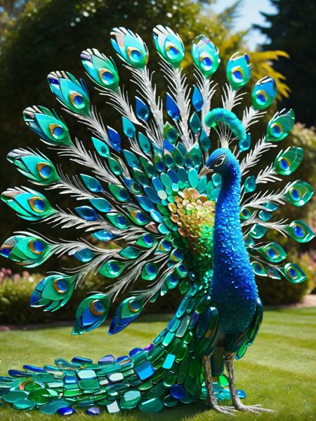 A majestic ais-bkglass peacock displaying its tail, each feather a kaleidoscope of ais-bkglass, shimmering under the afternoon sun in a royal garden. <lora:Broken_Glass_Style_SDXL:1>