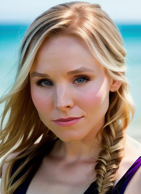 portrait of Kristen Bell, thirsty , wearing satin , with titian Fishtail braid, background beach, epic (photo, studio lighting, hard light, sony a7, 50 mm, matte skin, pores, colors, hyperdetailed, hyperrealistic), <lyco:Kristen Bell:1.2>