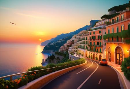 centered, hyperrealism, 3D, CGI render, A romantic coastal town at sunset, inspired by the Amalfi Coast. Winding road along the sea, scooters and cars glowing in warm street lights, elegant Mediterranean architecture with colorful facades and arched balconies, a glowing hotel sign ‘Marina Riviera,’ lush green hills in the background. The atmosphere is soft, dreamy, and cinematic with painterly textures and deep orange hues in Empesto style, Cinematic film still, shot on v-raptor XL, film grain, vignette, color graded, post-processed, cinematic lighting, 35mm film, live-action, best quality, atmospheric, a masterpiece, epic, stunning, dramatic, sharp focus, high quality, 32K, follow negative prompts,