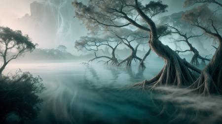 RAW Photo of  worldofmist tangled mangroves with their roots submerged in a saltwater marsh <lora:WorldofMist:1><lora:add_detail:0.6> <lora:LowRa:0.2>, (Masterpiece:1.3) (best quality:1.2) (high quality:1.1), HDR,dynamic composition,vivid,natural lighting,cinematic lighting,detailed,complementary colors,particle effects,incredibly detailed,stunning
