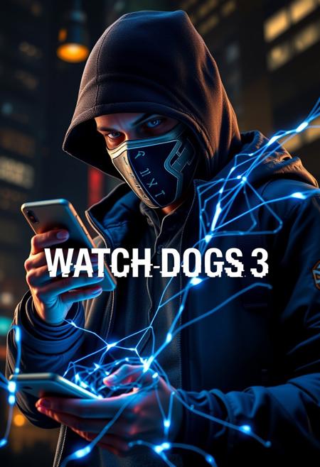 Aiden Pierce, Chicago, Hacker, Mask,  watch dogs character, holding phone, electric fake spider web connected to mobile phone, watch dogs style, fantasy, hyper-realistic, perfect lighting, cinematic lighting, magnificent reflection, wonderful colors, masterpiece, ultra high quality, high quality, ultra-detailed quality, dynamic angle, (text  "Watch dogs 3" centered)