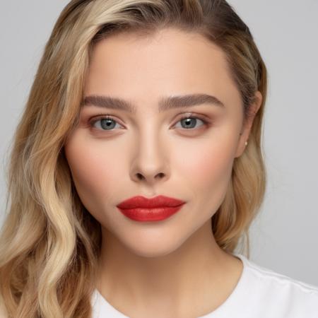 Passport photo of a woman with beautiful glossy lips looking at the camera, her whole face is visible