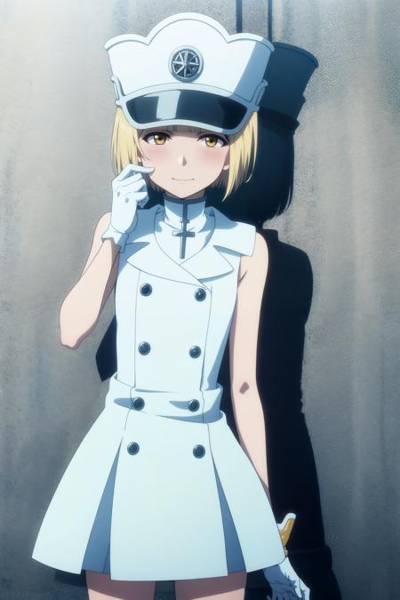 blonde hair,white gloves, smile, yellow eyes, short hair, blush, white headwear, sleeveless dress, blunt bangs, closed mouth,looking at viewer, white dress, 1girl, simple background, cowboy shot, bob cut, bare shoulders, buttons, hand up, standing, white background,solo, small breasts,hand on own face, bare arms, hand on own cheek, short dress, undershirt, head tilt, eyebrows visible through hair, arm up, military hat, shiny, blunt ends, cross, shiny hair, <lora:Liltotto:1>, <lora:animemix_v3_offset:0.8>