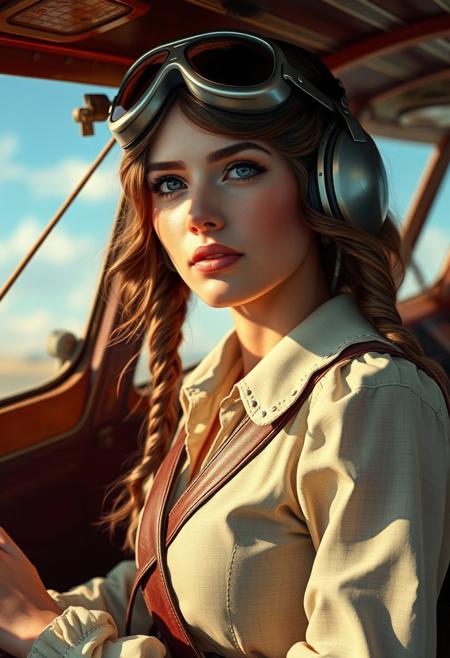 Masterpiece. Title text: "Need buzz to fly" Illustration of a beautiful woman, vintage aircraft pilot, early twentieth century. high-res, semi realistic, best quality, intricate details, ultra details, good lighting, vibrant colors, very detailed, octane render, ray tracing,