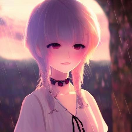 1girl, blush, choker, collarbone, jewelry,necklace, pendant, rainbow_eyes, blonde_hair, short_hair, smile, solo,thunderstorm,  upper_body,cinematic lighting, rim lightring,manwha1