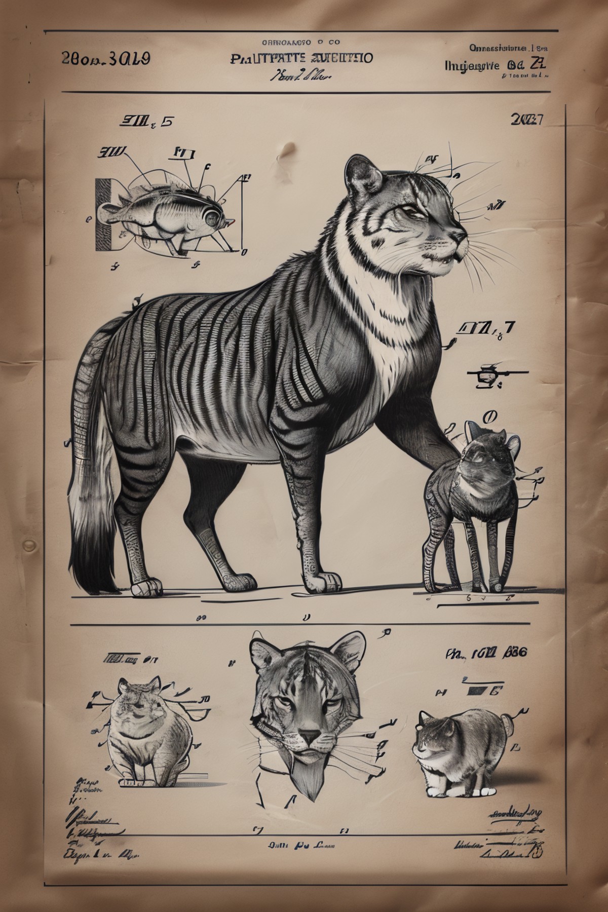 masterpiece,best quality,<lora:tbh249-:0.7>,illustration,style of Patent drawing animals