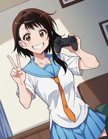 kosaki onodera, short hair, bangs, brown hair, brown eyes, short hair with long locks, asymmetrical hair, medium breasts, skirt, shirt, thighhighs, school uniform, collarbone, white shirt, pleated skirt, necktie, serafuku, sailor collar, blue skirt, blue sailor collar, orange necktie,