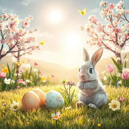 "Create a cute and cozy Easter-themed image made in soft pastel sequences. In the foreground, several bright Easter eggs are formed, decorated with beautiful patterns and flowers that have remained on the soft grass. Next to the eggs, a small rabbit with eyes and fluffy fur sits, holding a flower in its paws.
In the background, there are blooming trees with pink and white flowers, as well as spring flowers such as tulips and daffodils. The soft sun shines in the sky, creating a warm holiday atmosphere. Add a few butterflies fluttering around to keep the spring mood.
The overall lighting should be soft and warm to create a feeling of coziness and joy