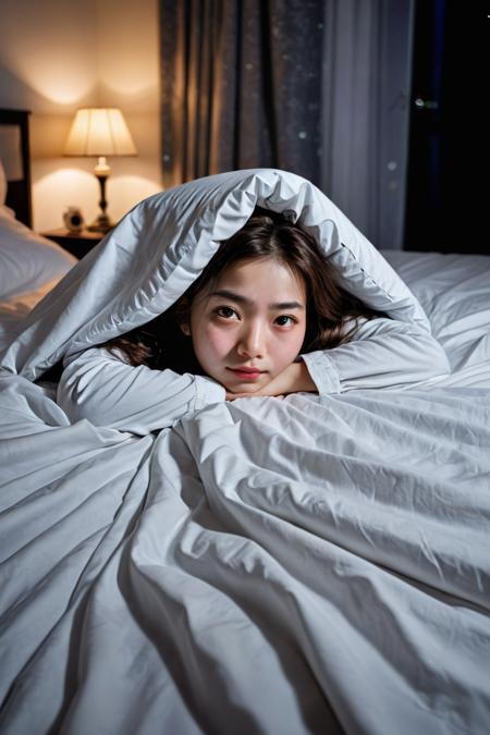 white bedsheets, at night, enormous, high detail, atmosphere with soft particles, highly detailed face, screencap, Ink illustration, (best quality:1.2), stark contrast, 8k, excellent stunning still-life photography taken by International photography awards winner, exemplary masterwork with high-quality details, (cute)