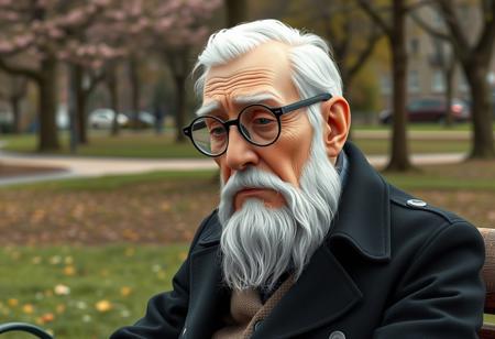 A highly detailed, semi-realistic 3D digital illustration style, old writer sitting on a bench in the park, looking disappointed, tired. His short white hair is combed back from his forehead, revealing a slightly receding hairline. A neatly groomed white beard, Long  sideburns. Mustache neatly curved along his upper lip. Chiseled, narrow face with a strong jawline and prominent cheekbones. Thick, arched eyebrows sit above round, black-framed glasses on his sharp, narrow nose. His pale, healthy skin shows fine lines that reflect his experiences, with a slight rosiness in his cheeks. He wears a long black trenchcoat.  Green Park, Spring, cold weather.