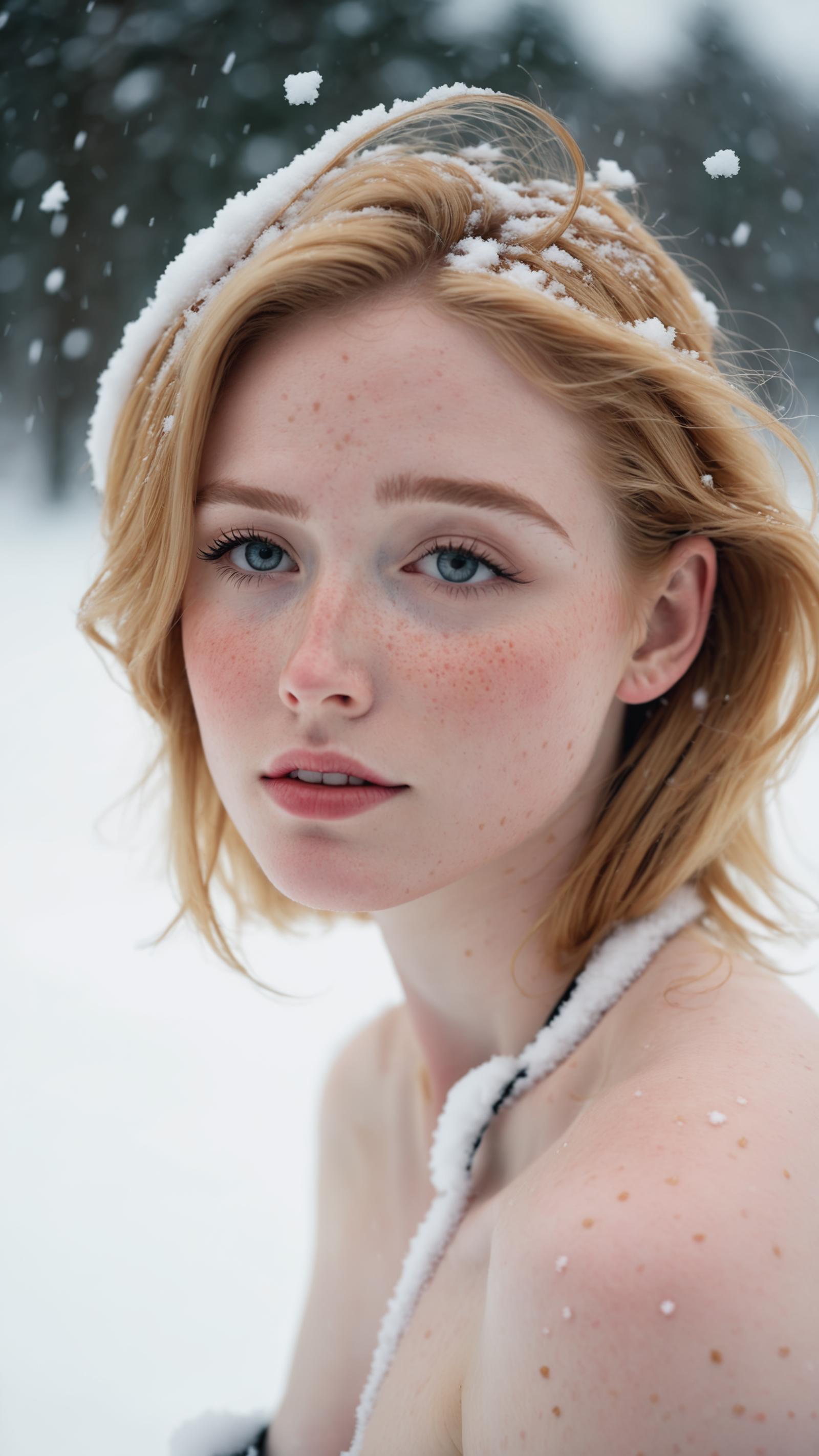 A Blonde Woman in Snow with Her Hair Covered in Snowflakes, Her Eyes Sparkling in the Sunlight.