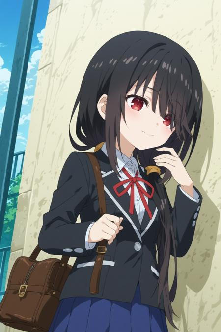 1girl,solo,kurumi tokisaki,long hair,twintails,smile,dress,heterochromia,yellow eyes,looking at viewers,clock eyes ,symbol-shaped pupils,hairband 1girl,solo,kurumi tokisaki,school uniform, long hair, skirt, black hair, red eyes, ribbon,jacket, pleated skirt, bag, hair over one eye